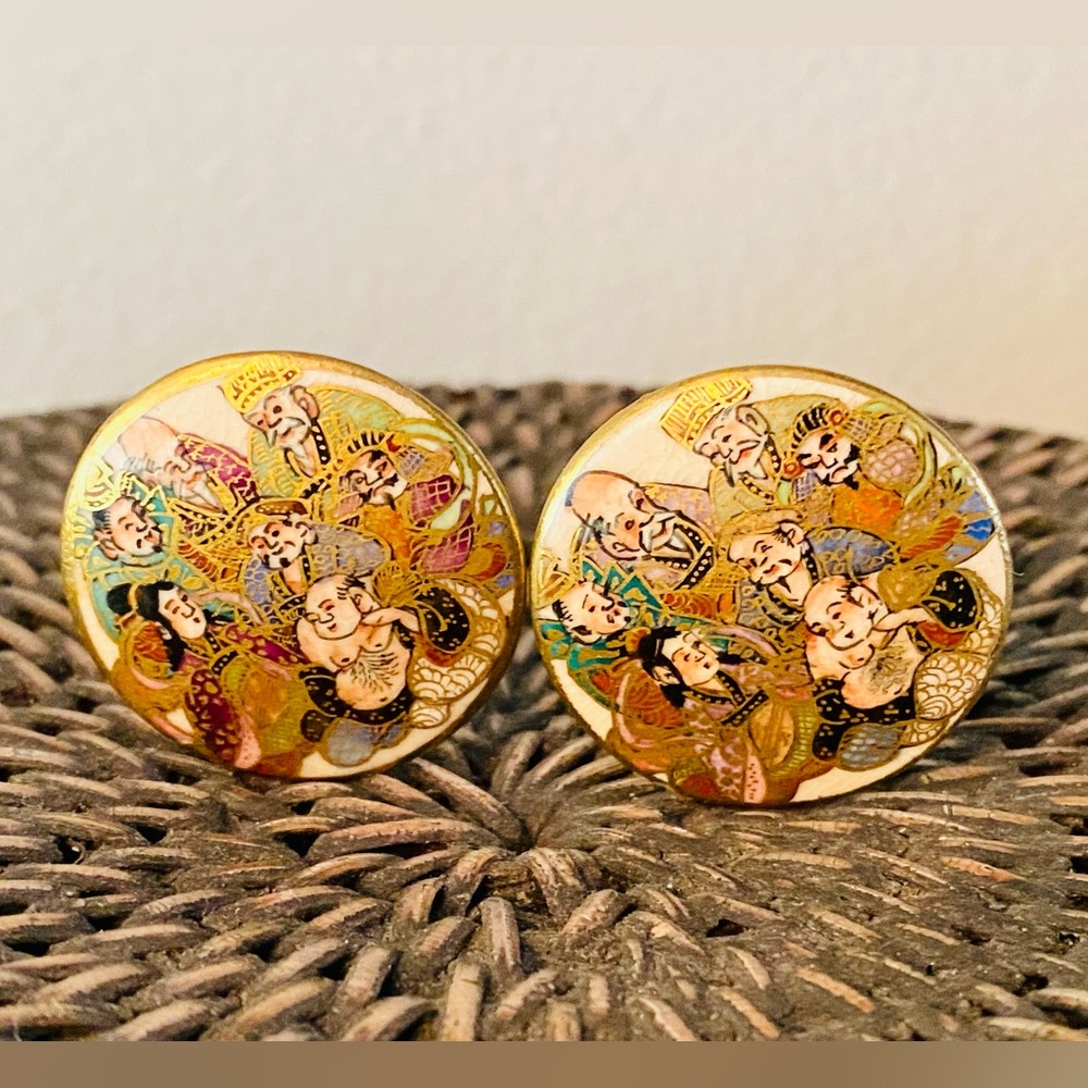 Antique Satsuma 7 Immortal Luck Gods Button Clip Earring Hand Painted Porcelain